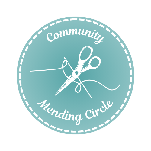 Community Mending Circle Logo, scissors, needle and thread in a teal circle surrounded by Community Mending Circle title