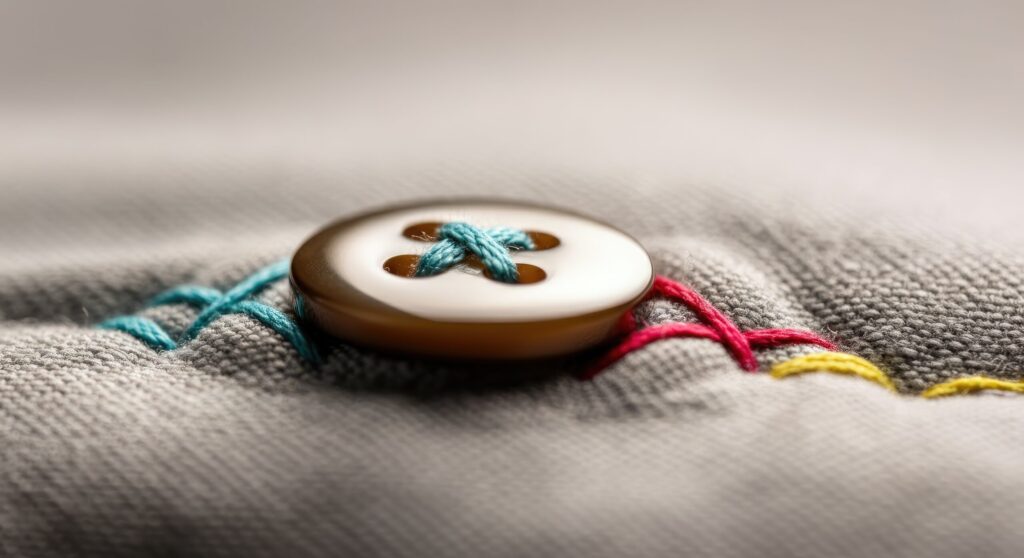 Close up of button sewn onto fabric with colorful threads