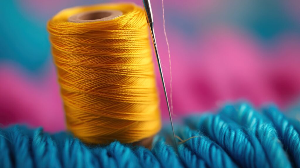 Vibrant yellow thread and needle on teal fabric